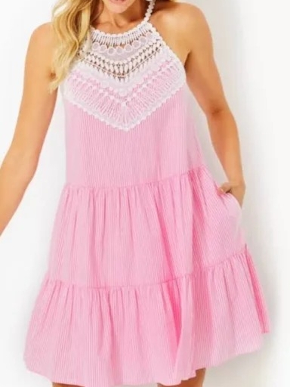 Lilly Pulitzer Pink & White Crochet Halter Mini Dress